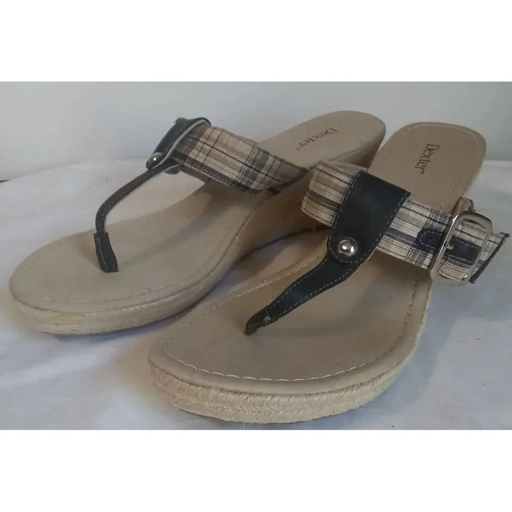 Women's Wedge Sandals Sz 11 Dexter Espadrille Black Tan Jute Hemp Heel READ‎